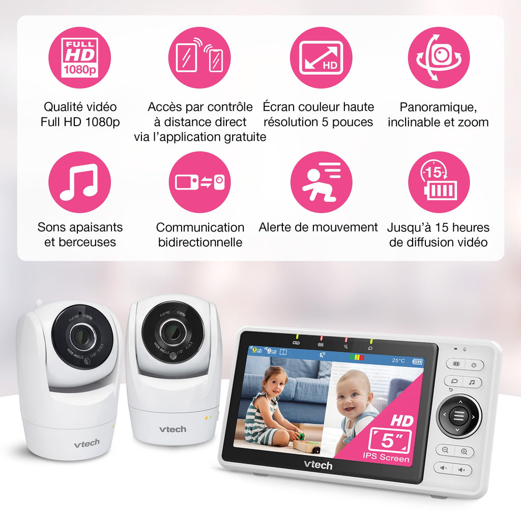 VTech VM924 Baby Monitor with Camera, Pan&Tilt,Video Baby Monitor with 5" LCD Screen,Up to 17 Hrs Battery Life,1.33x Zoom,Night Vision,300m Long Range,Soothing Sounds,2-Way Talk,Secured Transmission