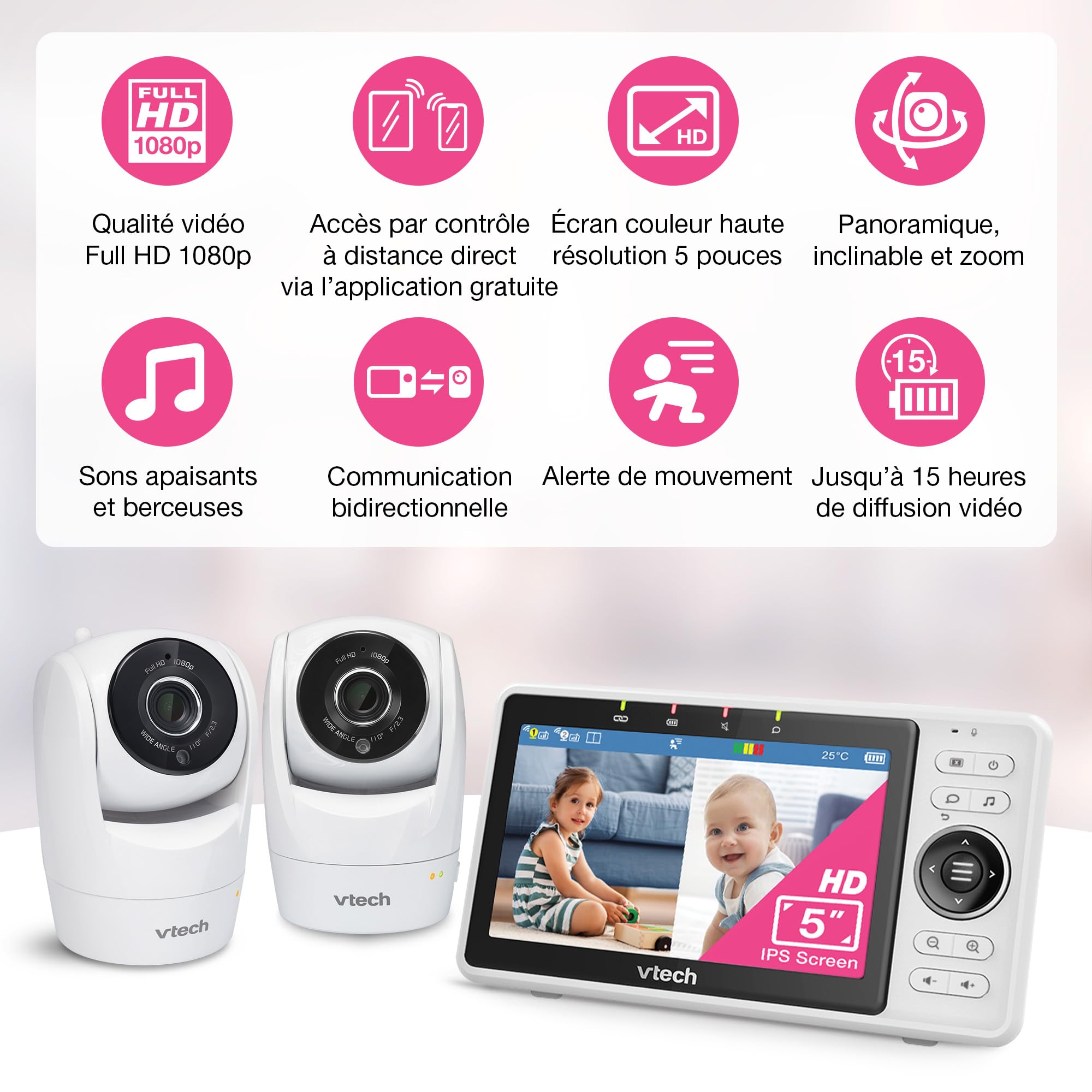 VTech VM924 Baby Monitor with Camera, Pan&Tilt,Video Baby Monitor with 5" LCD Screen,Up to 17 Hrs Battery Life,1.33x Zoom,Night Vision,300m Long Range,Soothing Sounds,2-Way Talk,Secured Transmission