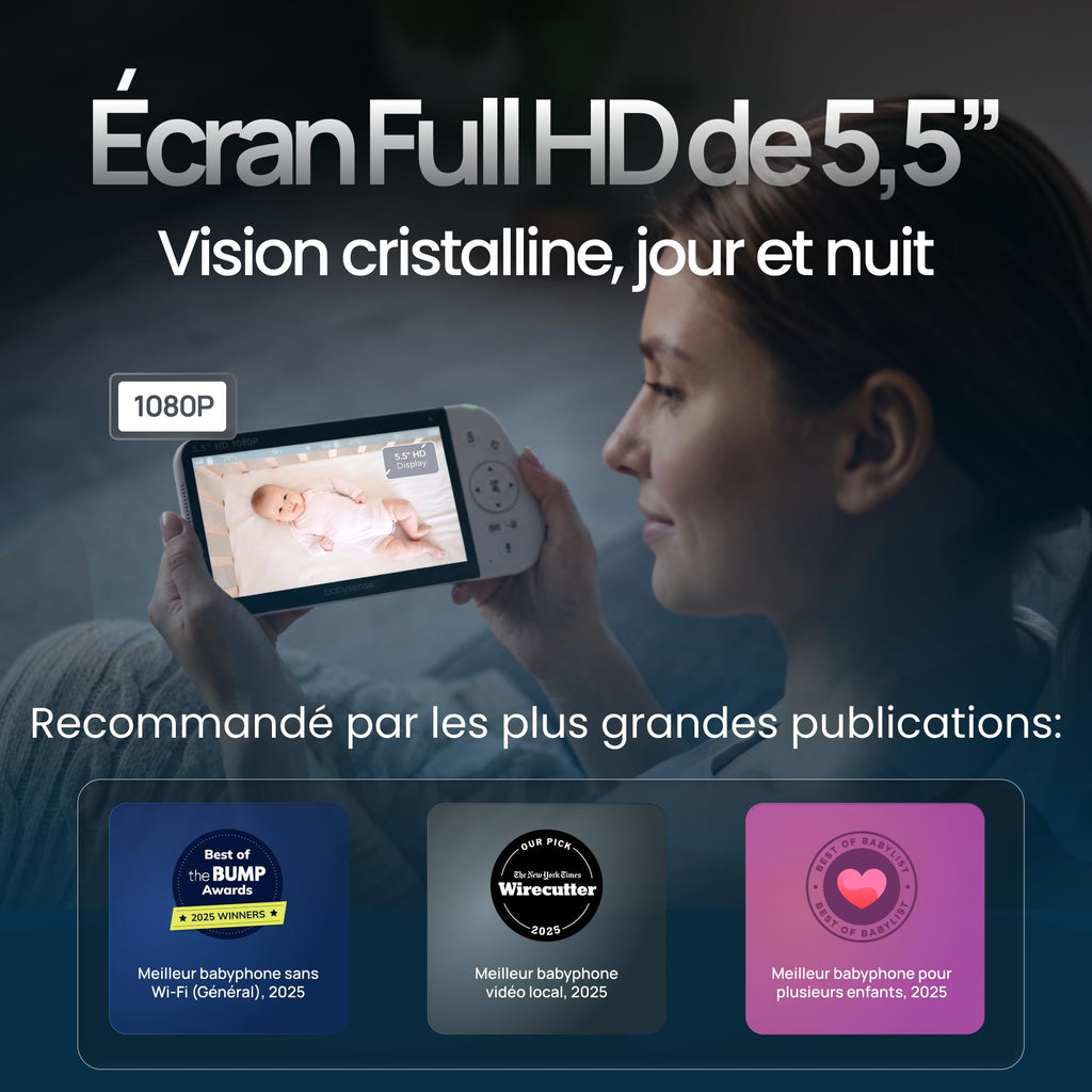 Babysense - Moniteur bébé Full HD écran partagé - Avec 2 caméras - Veilleuse en 6 couleurs - Bruit et machine à lumière - Batterie de 20 heures - Connexion sécurisée sans WiFi