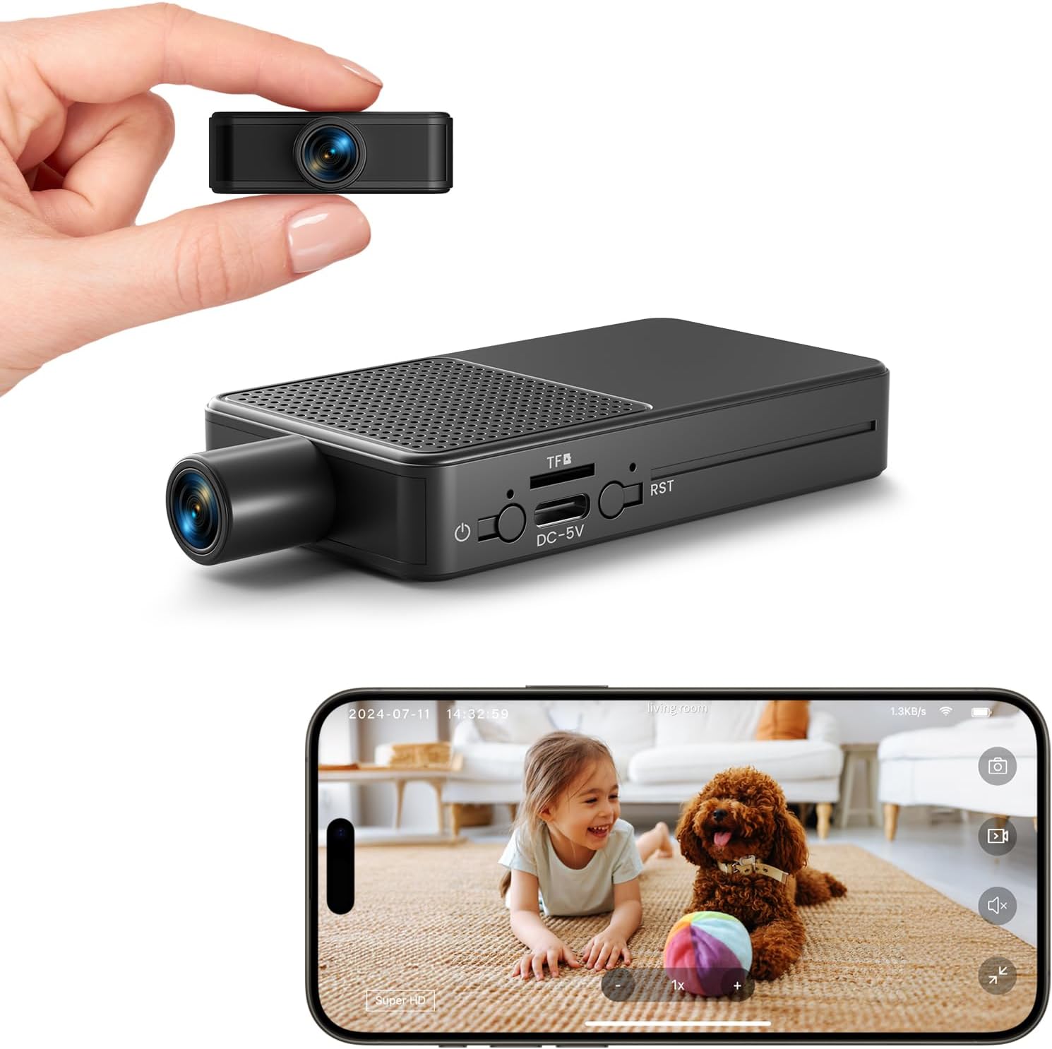 Digimore Mini Camera Espion sans Fil, WiFi Camera Surveillance 10h Enregistrement Continu, Stockage Cloud Gratuit, Batterie 3000Mah, Détection Mouvement & Vision Nocturne, Intérieur/Extérieur
