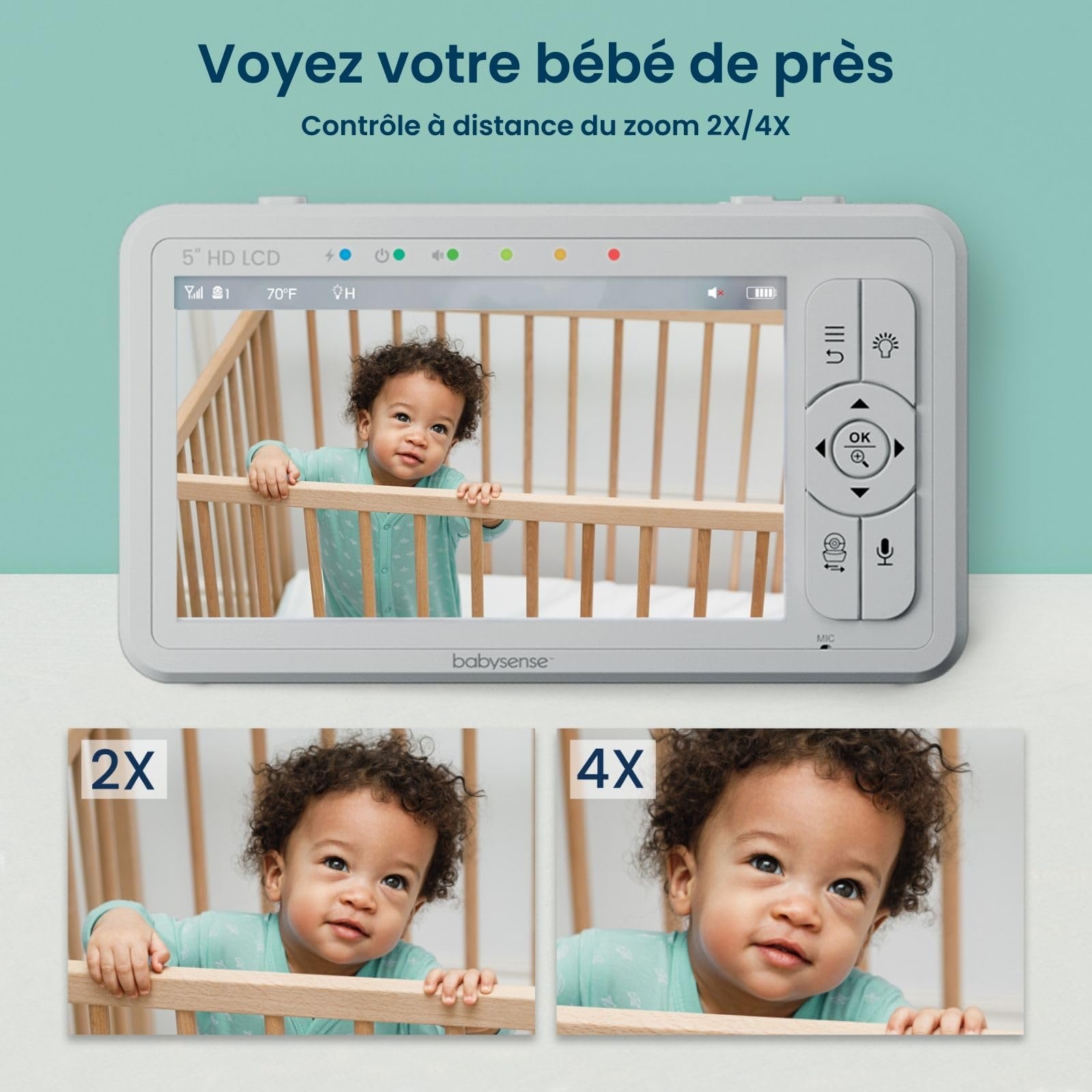 Babysense Moniteur HD Vidéo pour Bébé - Babyphone avec Écran Divisé 5“ et 2 Caméras 720p, Conversation Audio Bidirectionnel, Longue Portée, Veilleuse Réglable, Vision Nocturne, Berceuses