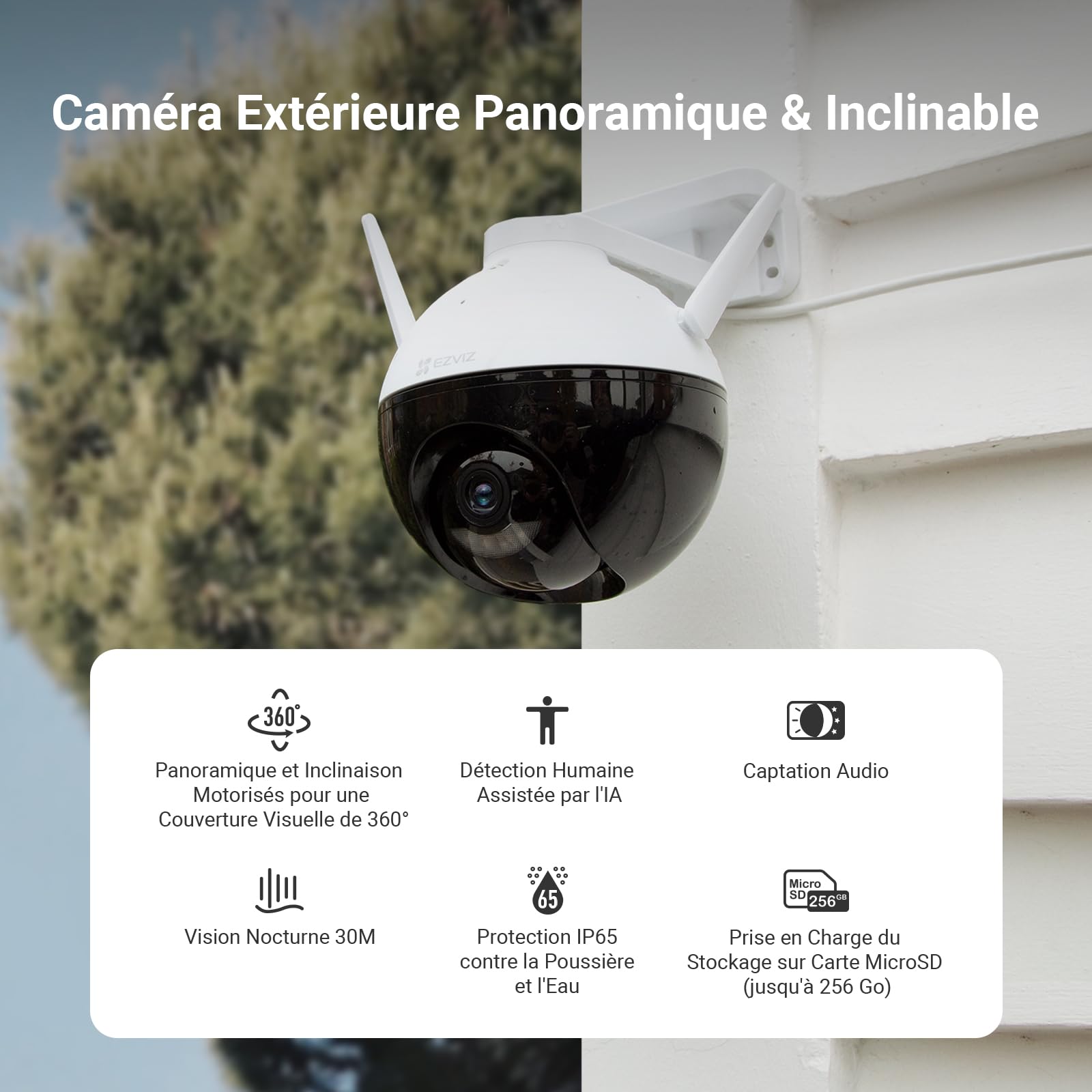 EZVIZ C8c 2MP Camera Surveillance WiFi Extérieure à 360° avec Suivi Auto-Zoom, Détection de Forme Humaine, Vision Nocturne en Couleur, Audio Bidirectionnel, IP65 Etanche, Défense Active