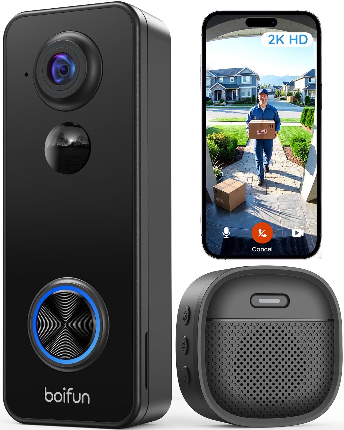 BOIFUN 2K 3MP Sonnette sans Fil Exterieur Etanche, Vision à 180°, Détection IA Avancée, Installation Facile, Vision Nocturne, Stockage par Carte SD 128 Go, IP65 étanche, Wi-FI 2,4 GHz Uniquement