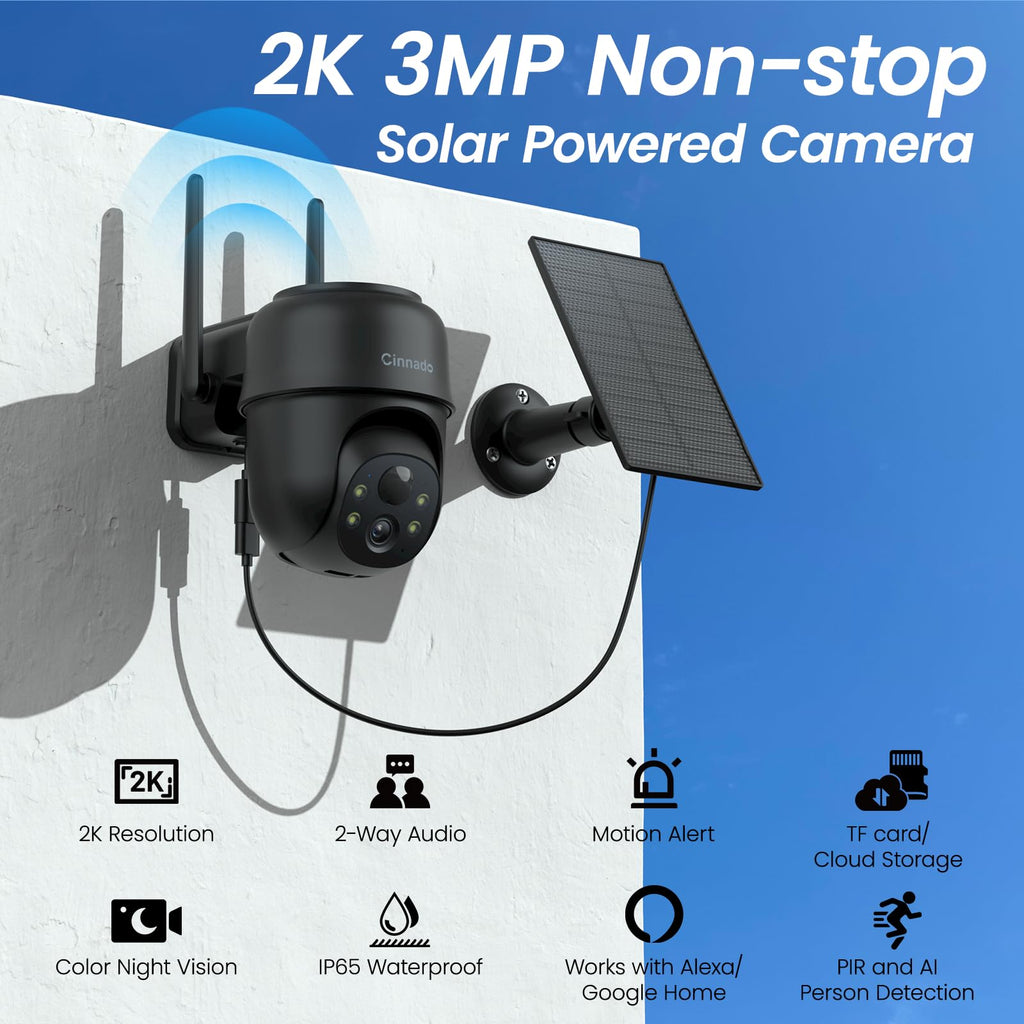 Cinnado Camera Surveillance WiFi Exterieure sans Fil - 2K Camera Exterieur sans Fil avec Panneau Solaire, 360° PTZ, Alerte Instantanée PIR, Vision Nocturne Couleur, Audio Bidirectionnel, B6 (Noire)