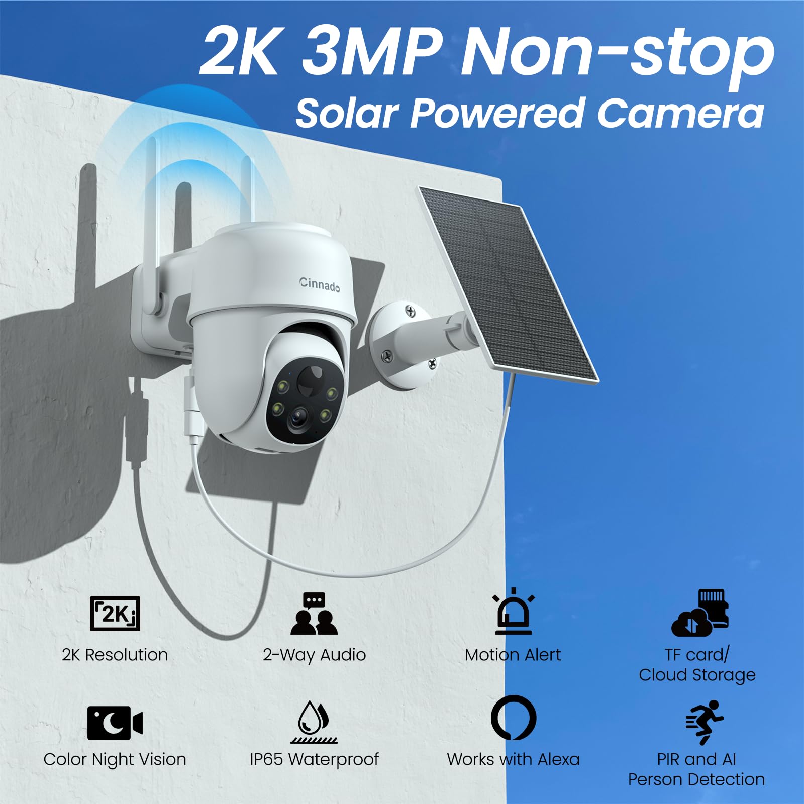 Cinnado Camera Surveillance WiFi Exterieure sans Fil - 2K Camera Exterieur sans Fil avec Panneau Solaire, 360° PTZ, Alerte Instantanée PIR, Vision Nocturne Couleur, Audio Bidirectionnel, B6 (Noire)