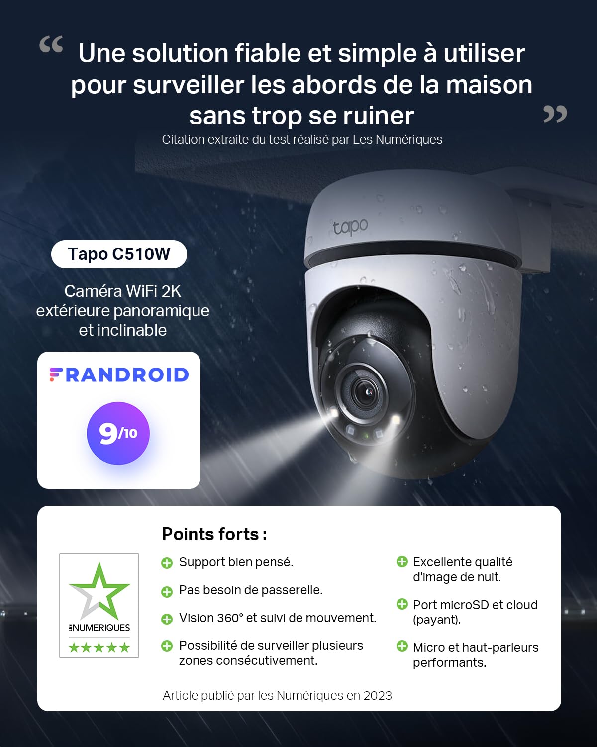 Tapo C510W 2K Caméra de Surveillance WiFi extérieur 360°, Vision Nocturne Couleur, Détection de Personne et Suivi de Mouvement, Étanche IP65, Alarme sonore Personnalisable