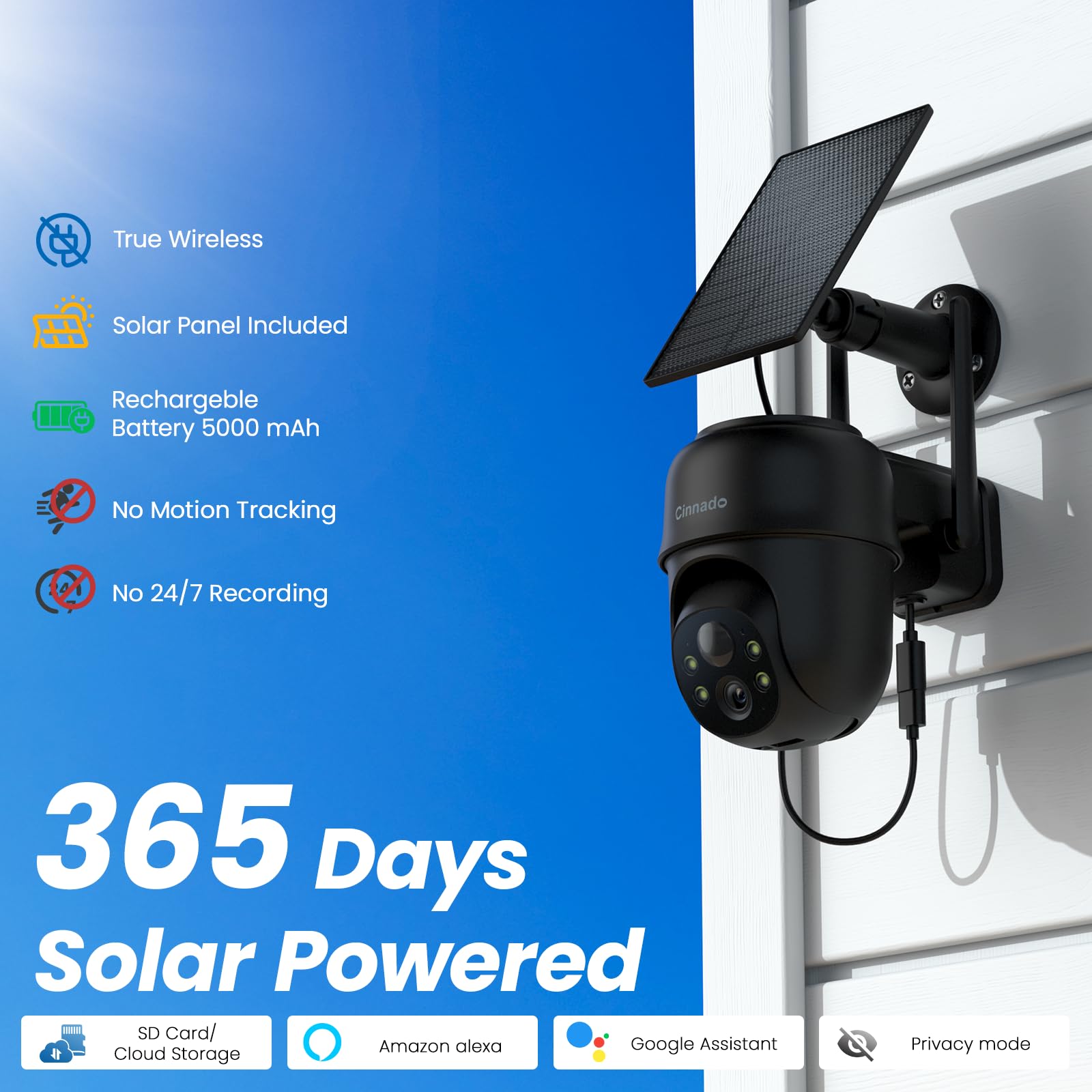 Cinnado Camera Surveillance WiFi Exterieure sans Fil - 2K Camera Exterieur sans Fil avec Panneau Solaire, 360° PTZ, Alerte Instantanée PIR, Vision Nocturne Couleur, Audio Bidirectionnel, B6 (Noire)