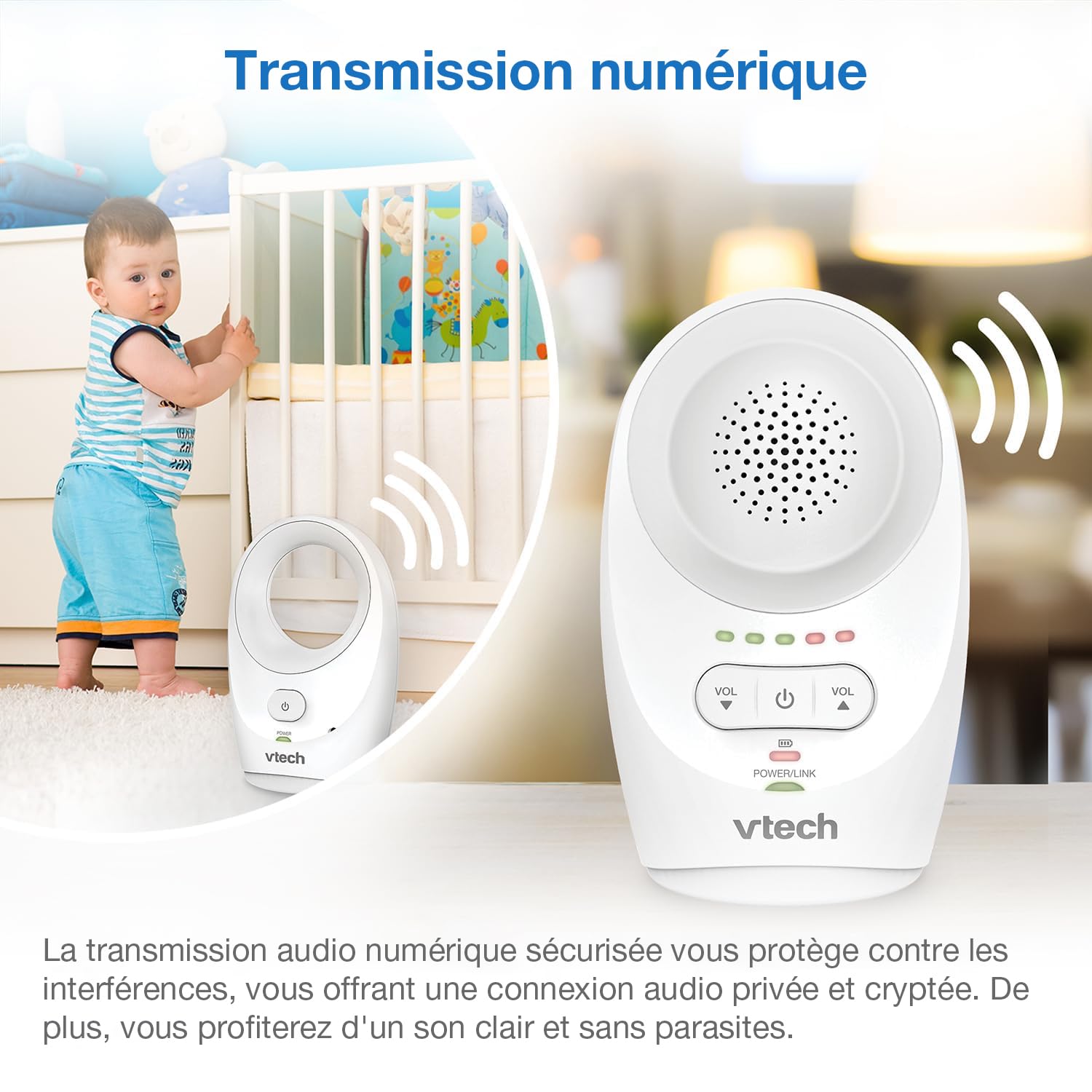 VTech DM1111 Babyphone Audio Numérique – Technologie DECT, Affichage du Niveau de Bruit, Clip Ceinture et Bien Plus – Unité Parentale et Unité Bébé