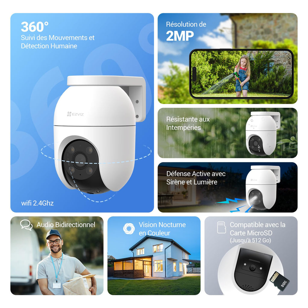 EZVIZ C8c 2MP Camera Surveillance WiFi Extérieure à 360° avec Suivi Auto-Zoom, Détection de Forme Humaine, Vision Nocturne en Couleur, Audio Bidirectionnel, IP65 Etanche, Défense Active
