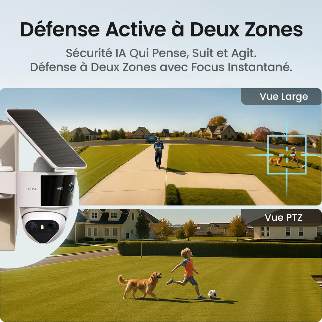 AOSU T2 Pro 3K Camera Surveillance WiFi Exterieure Sans Fil Solaire, Double Caméra 5MP 360° PTZ + 170° Grand Angle Sans Angle Mort, Zoom 8X Vision Nocturne TrueColor, Détection IA et Suivi Automatique