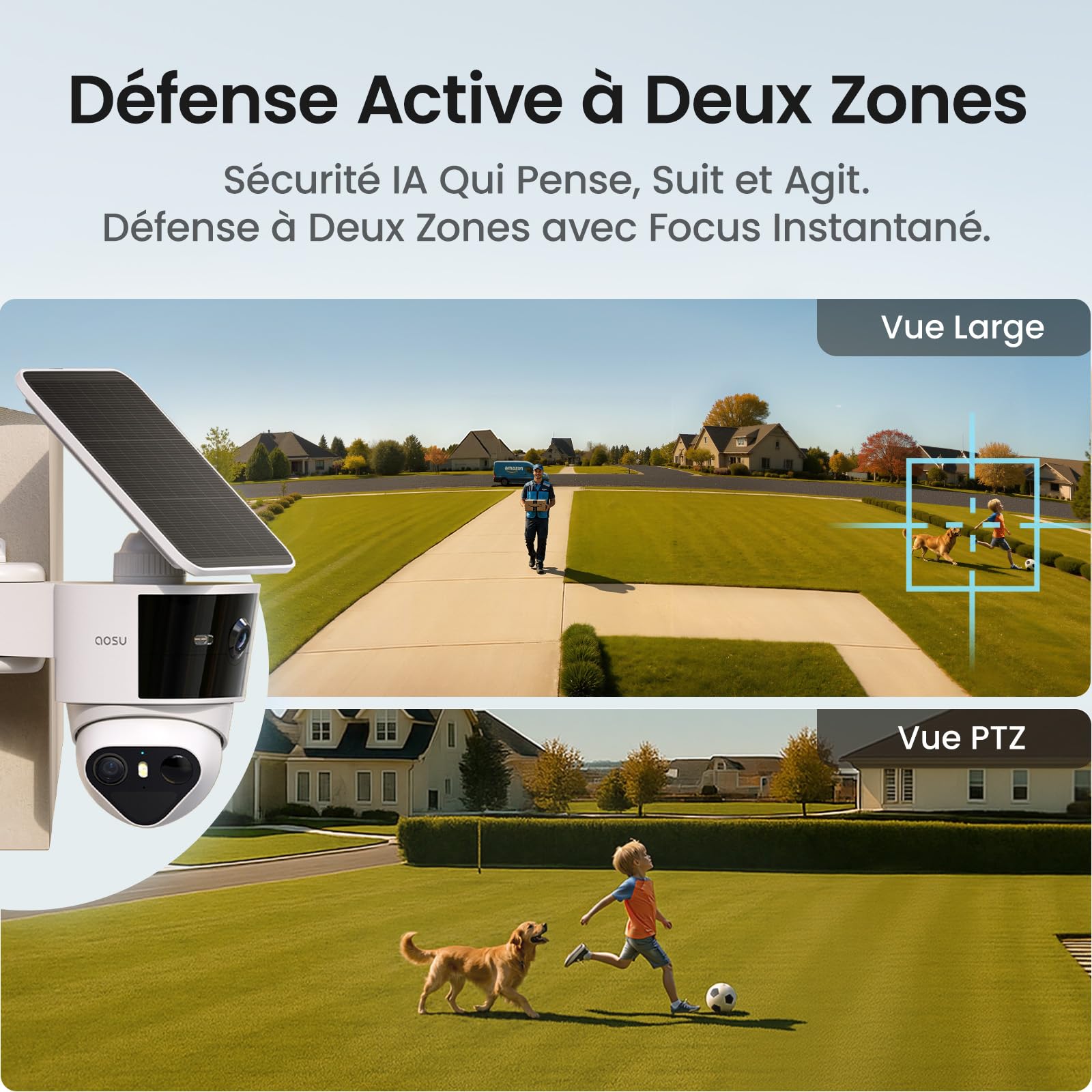 AOSU T2 Pro 3K Camera Surveillance WiFi Exterieure Sans Fil Solaire, Double Caméra 5MP 360° PTZ + 170° Grand Angle Sans Angle Mort, Zoom 8X Vision Nocturne TrueColor, Détection IA et Suivi Automatique
