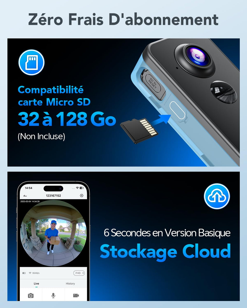 XTU 2K HD Sonnette sans Fil Exterieur Etanche, Sonnette sans Fil avec Camera Vue Complète 180°, Détection Humaine PIR, Audio Bidirectionnel, Uniquement 2,4G WiFi, Stockage Carte SD