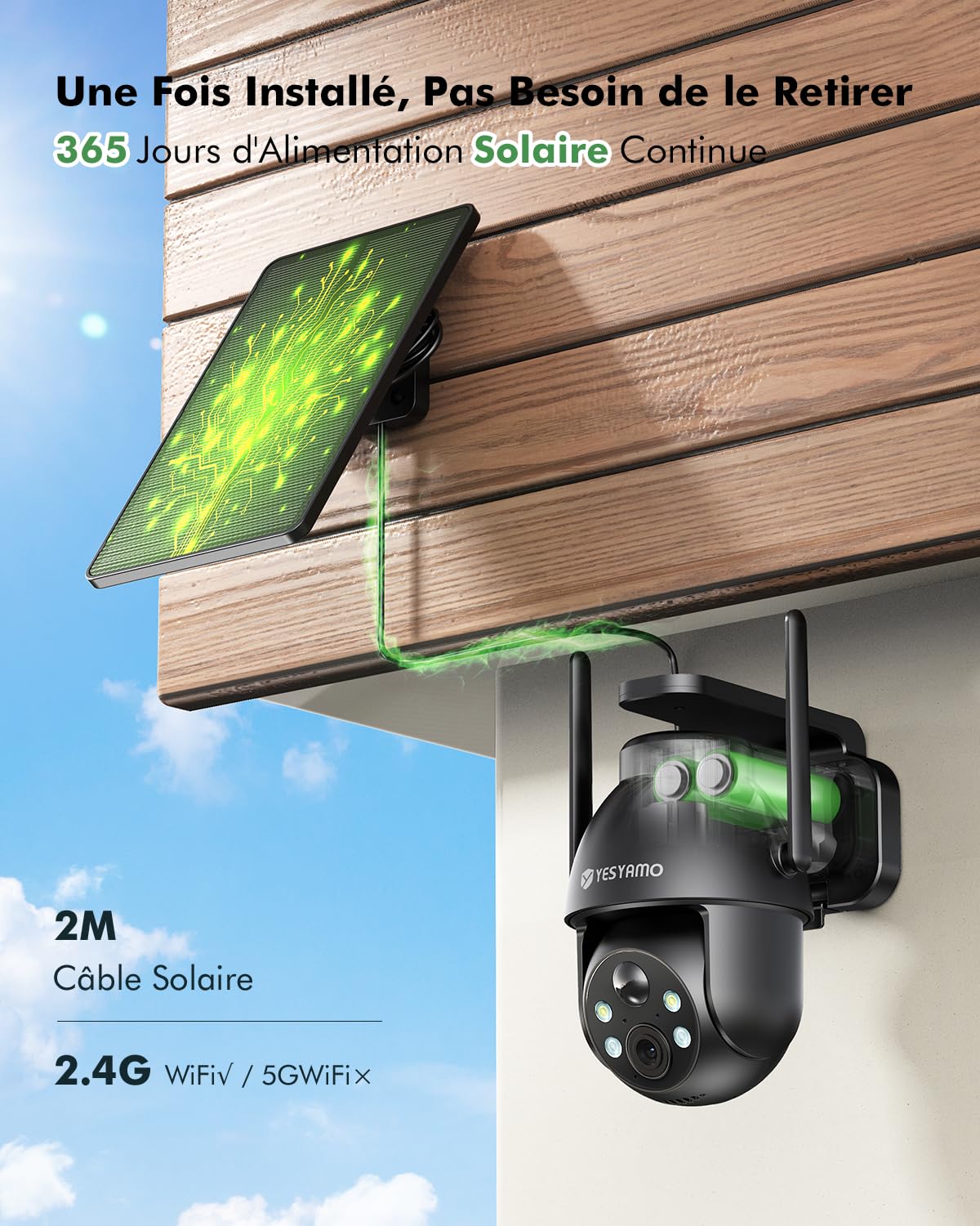 YESYAMO 2K Camera Surveillance WiFi Exterieure sans Fil Solaire, 2.4GHz Camera Exterieur avec Panneau Solaire, 355° PTZ, Vision Nocturne Couleur, Audio Bidirectionnel, PIR Sirène (Noir)