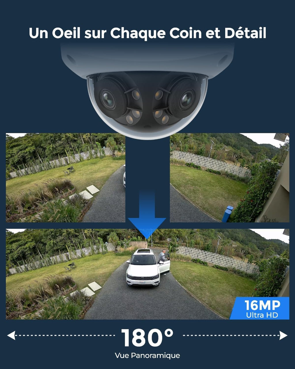 Reolink 16MP UHD 180° Pan Cam Sécu PoE Double Objectif, Suivi Mouvements, Vision Nocturne Couleur, Spots, Détect. Intell. et Alertes, Audio 2 Voies, IK10 Anti-Vandal, IP67 Anti Intempéries, Duo 3V PoE