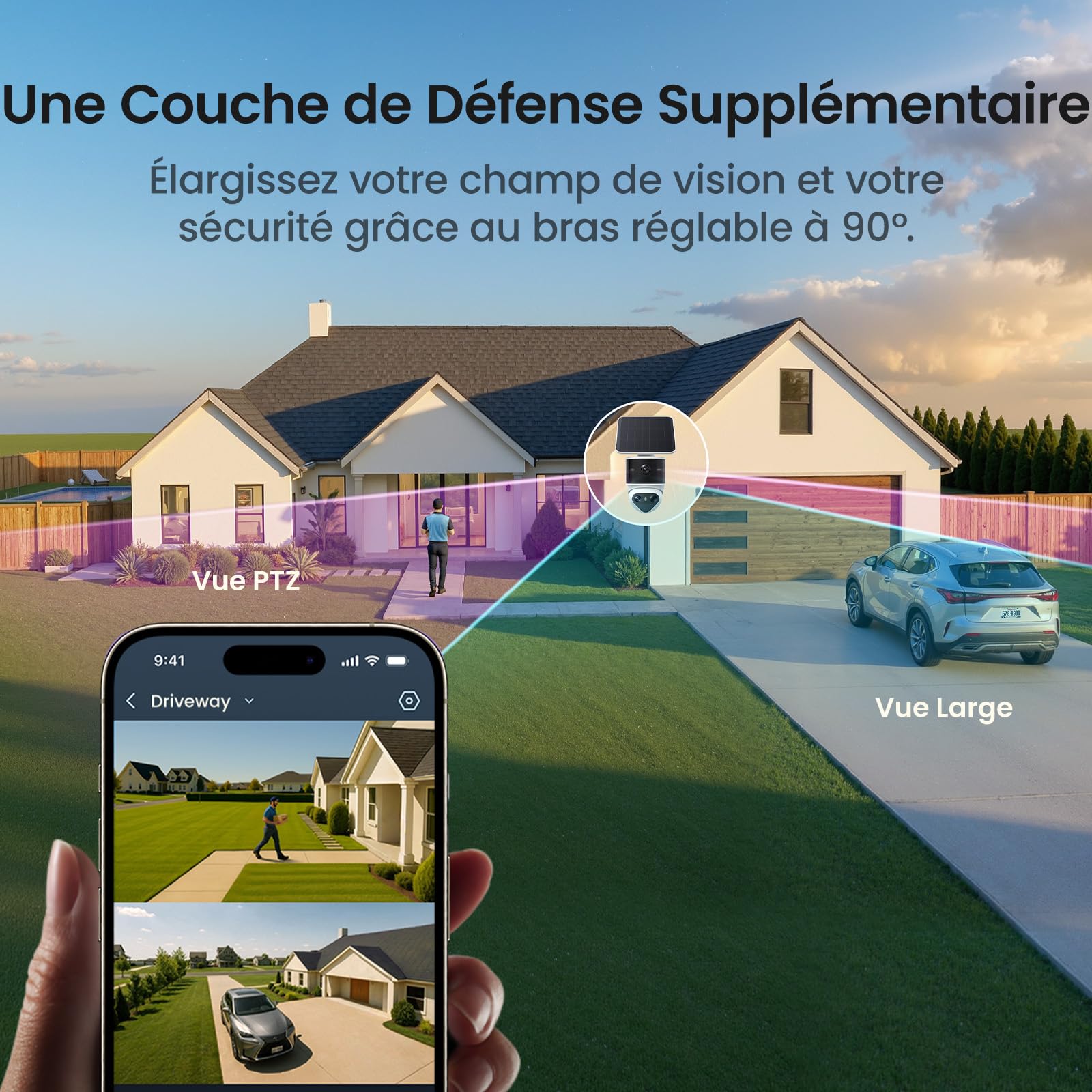 AOSU T2 Pro 3K Camera Surveillance WiFi Exterieure Sans Fil Solaire, Double Caméra 5MP 360° PTZ + 170° Grand Angle Sans Angle Mort, Zoom 8X Vision Nocturne TrueColor, Détection IA et Suivi Automatique