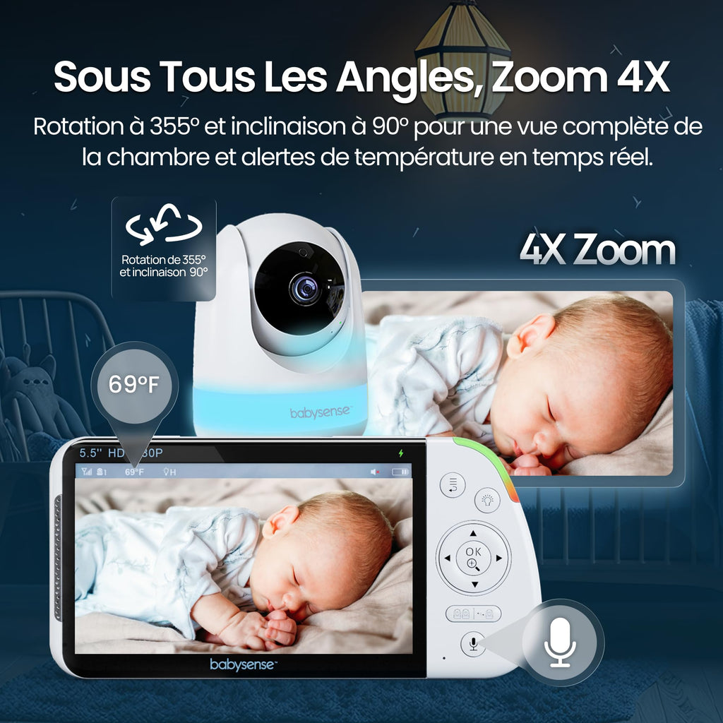 Babysense - Moniteur bébé Full HD écran partagé - Avec 2 caméras - Veilleuse en 6 couleurs - Bruit et machine à lumière - Batterie de 20 heures - Connexion sécurisée sans WiFi