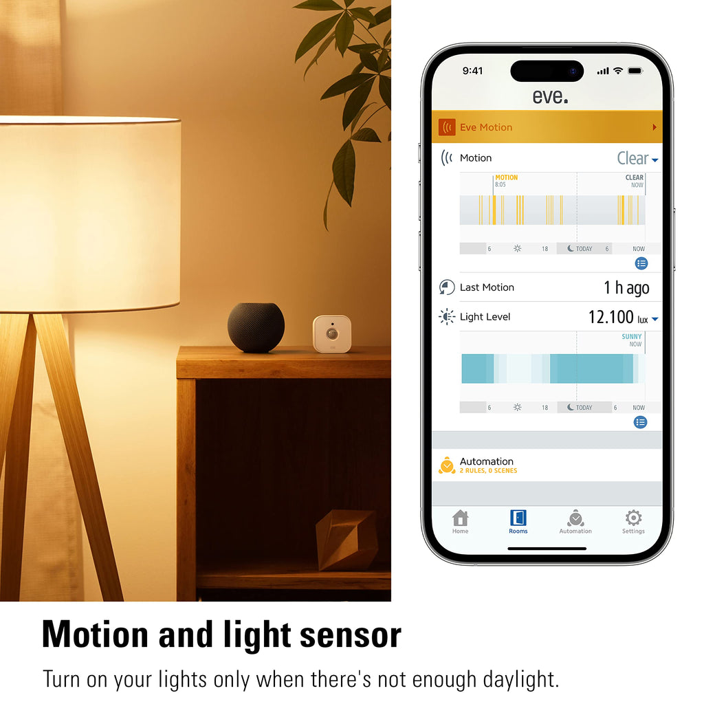 Eve Motion (Matter) – Capteur de mouvement et sensor de lumière intelligent, intérieur & extérieur, sécurité connectée, Apple Home, Alexa, Google Home, SmartThings, Nécessite un Thread concentrateur