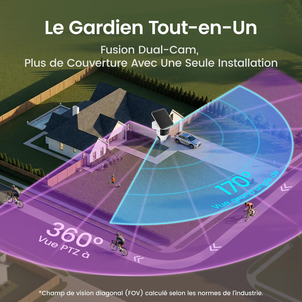 AOSU T2 Pro 3K Camera Surveillance WiFi Exterieure Sans Fil Solaire, Double Caméra 5MP 360° PTZ + 170° Grand Angle Sans Angle Mort, Zoom 8X Vision Nocturne TrueColor, Détection IA et Suivi Automatique