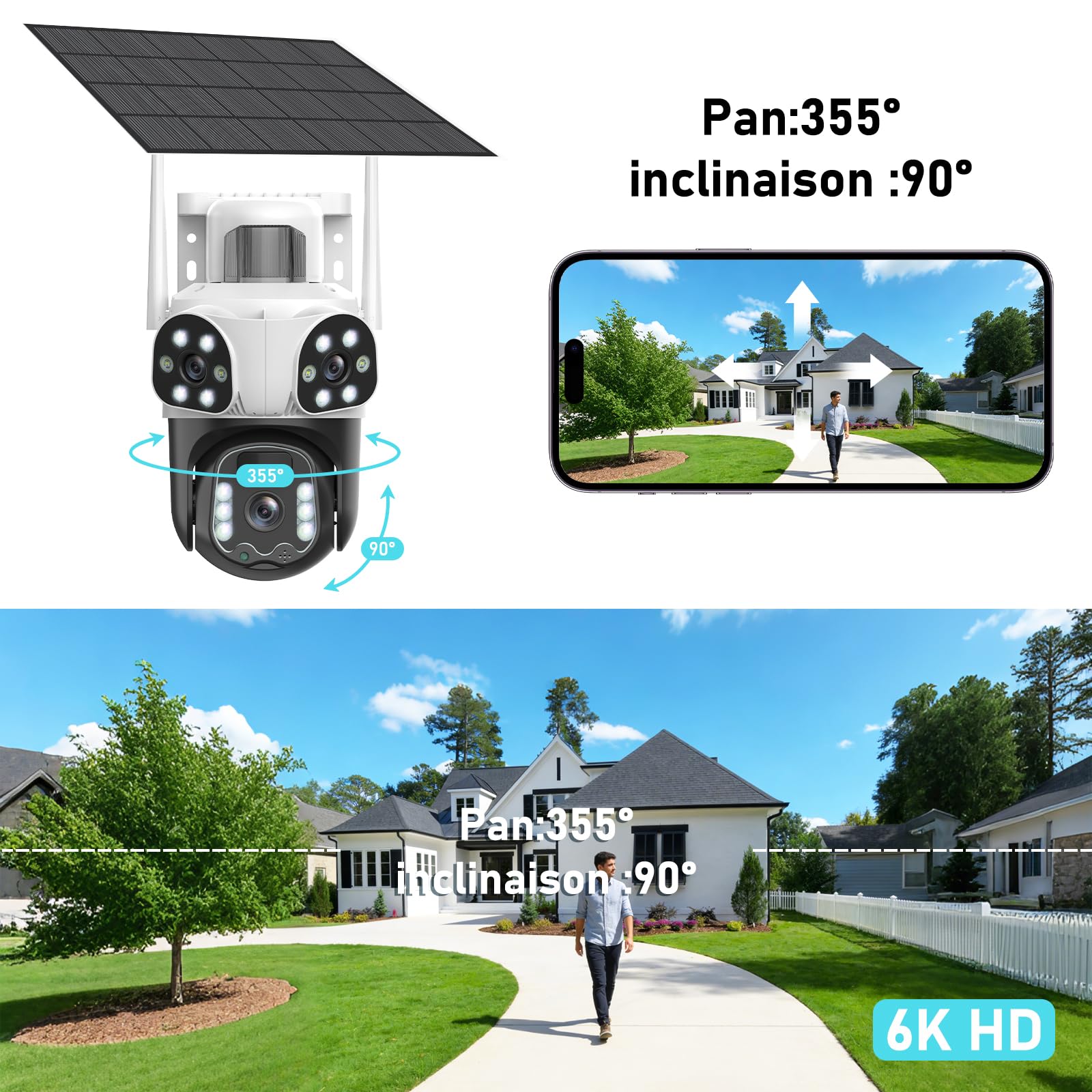 4K Camera Surveillance WiFi Exterieure sans Fil,à triple objectif/Camera Solaire/Batterie,2.4/5G WIFI,360° PTZ Sécurité à Domicile,Vision Vocturne,Alarme,Audio Bidirectionnel,Suivi Automatique,8MP HD