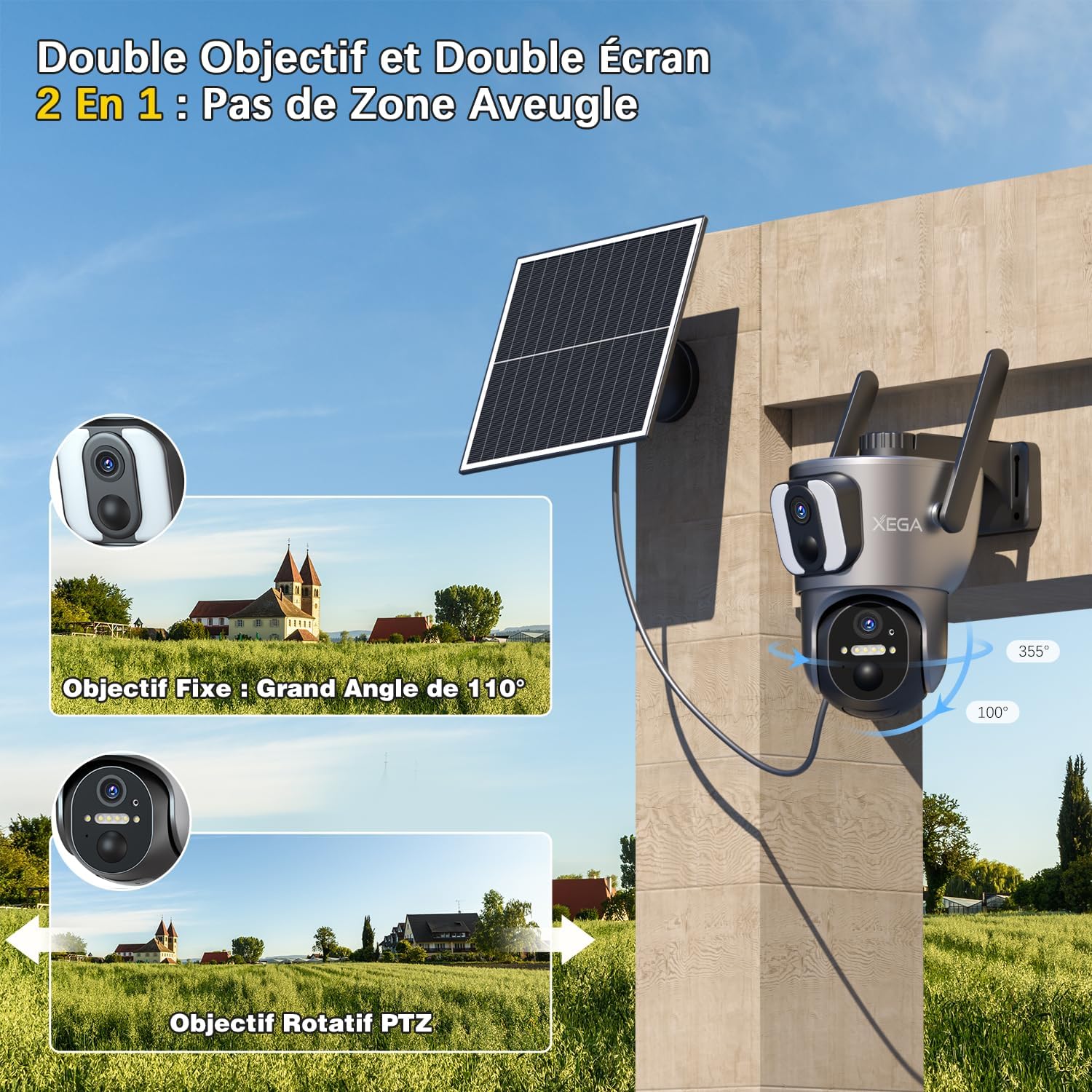 Xega 4G LTE Caméra Solaire【Double Objectif】avec Carte Sim, 14400mAh Camera Extérieure sans Fil, Détection de Personne 2K HD Inclinable 355°/100°, Autonome sur Batterie,Vision Nocturne IP66 (Non WiFi)