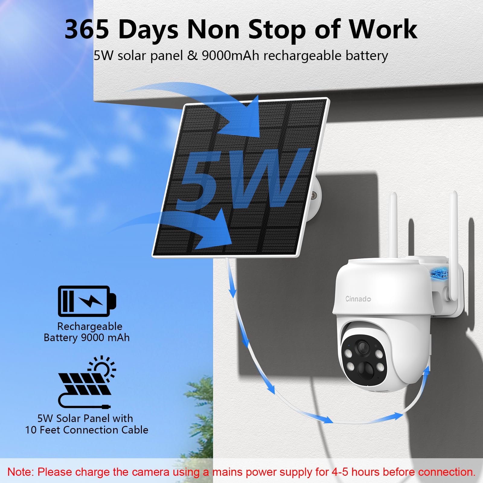 Cinnado Camera Surveillance WiFi Exterieure sans Fil - 2K Camera Exterieur sans Fil avec Panneau Solaire, 360° PTZ, Alerte Instantanée PIR, Vision Nocturne Couleur, Audio Bidirectionnel, B6 (Noire)