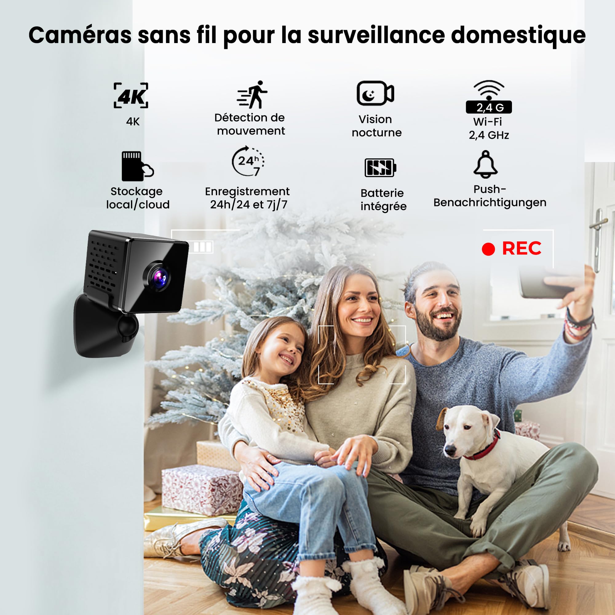 Caméra Espion Mini 4K avec Vision Nocturne et WiFi - Caméra de Sécurité Intérieure avec Détection de Mouvement - Stockage Cloud et Carte SD / Batterie Intégrée - Vidéo en Temps Réel pour Maison et Sur