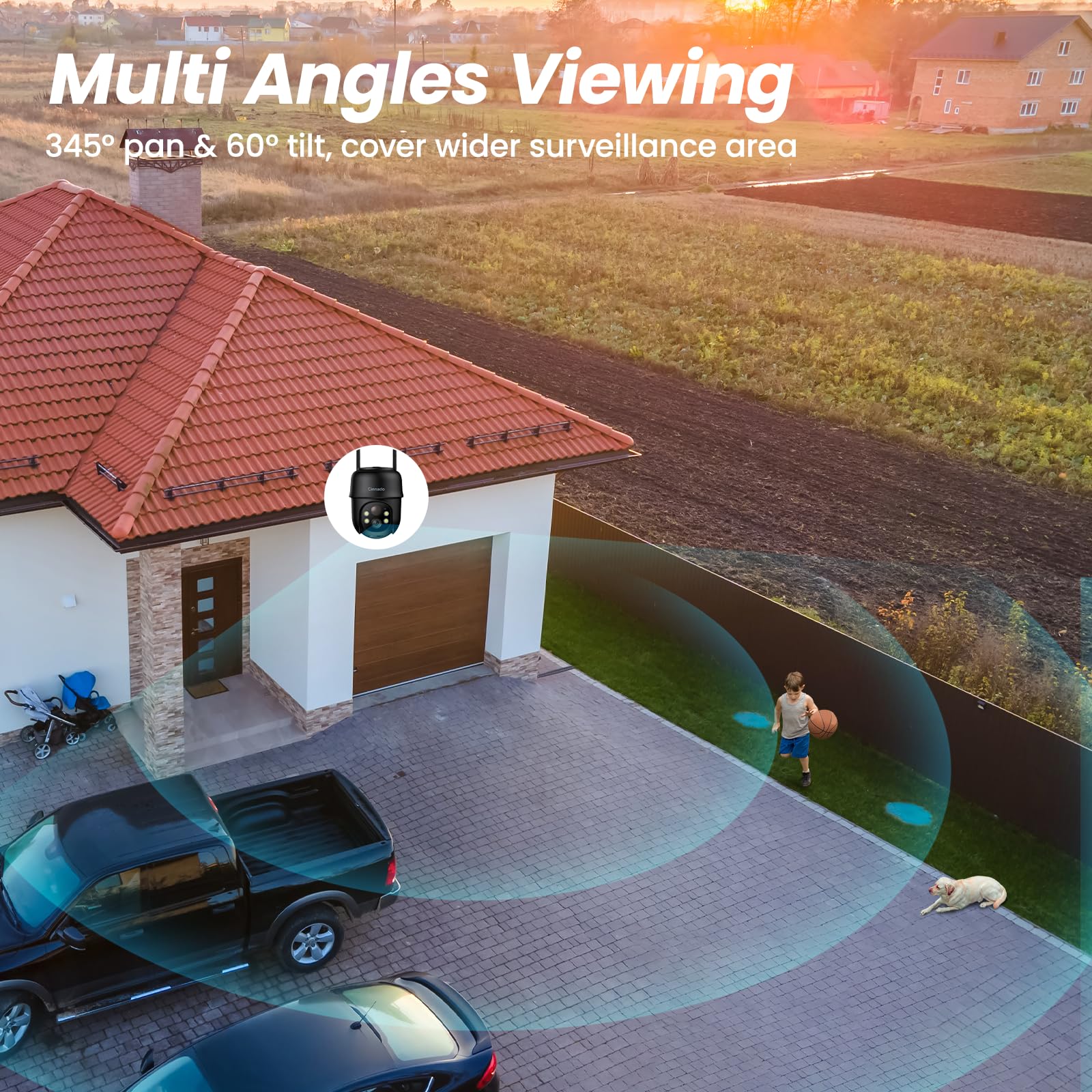 Cinnado Camera Surveillance WiFi Exterieure sans Fil - 2K Camera Exterieur sans Fil avec Panneau Solaire, 360° PTZ, Alerte Instantanée PIR, Vision Nocturne Couleur, Audio Bidirectionnel, B6 (Noire)