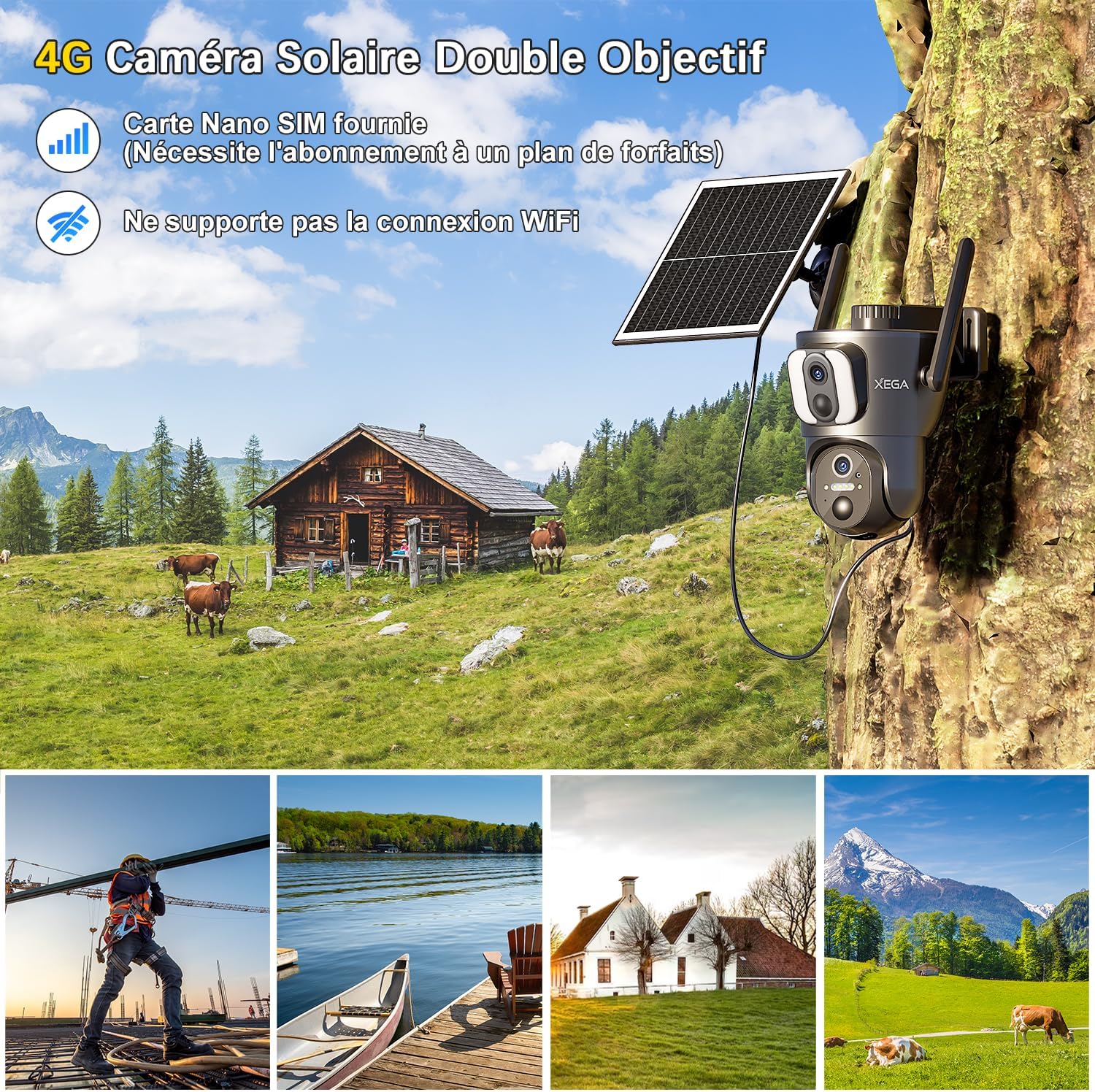 Xega 4G LTE Caméra Solaire【Double Objectif】avec Carte Sim, 14400mAh Camera Extérieure sans Fil, Détection de Personne 2K HD Inclinable 355°/100°, Autonome sur Batterie,Vision Nocturne IP66 (Non WiFi)