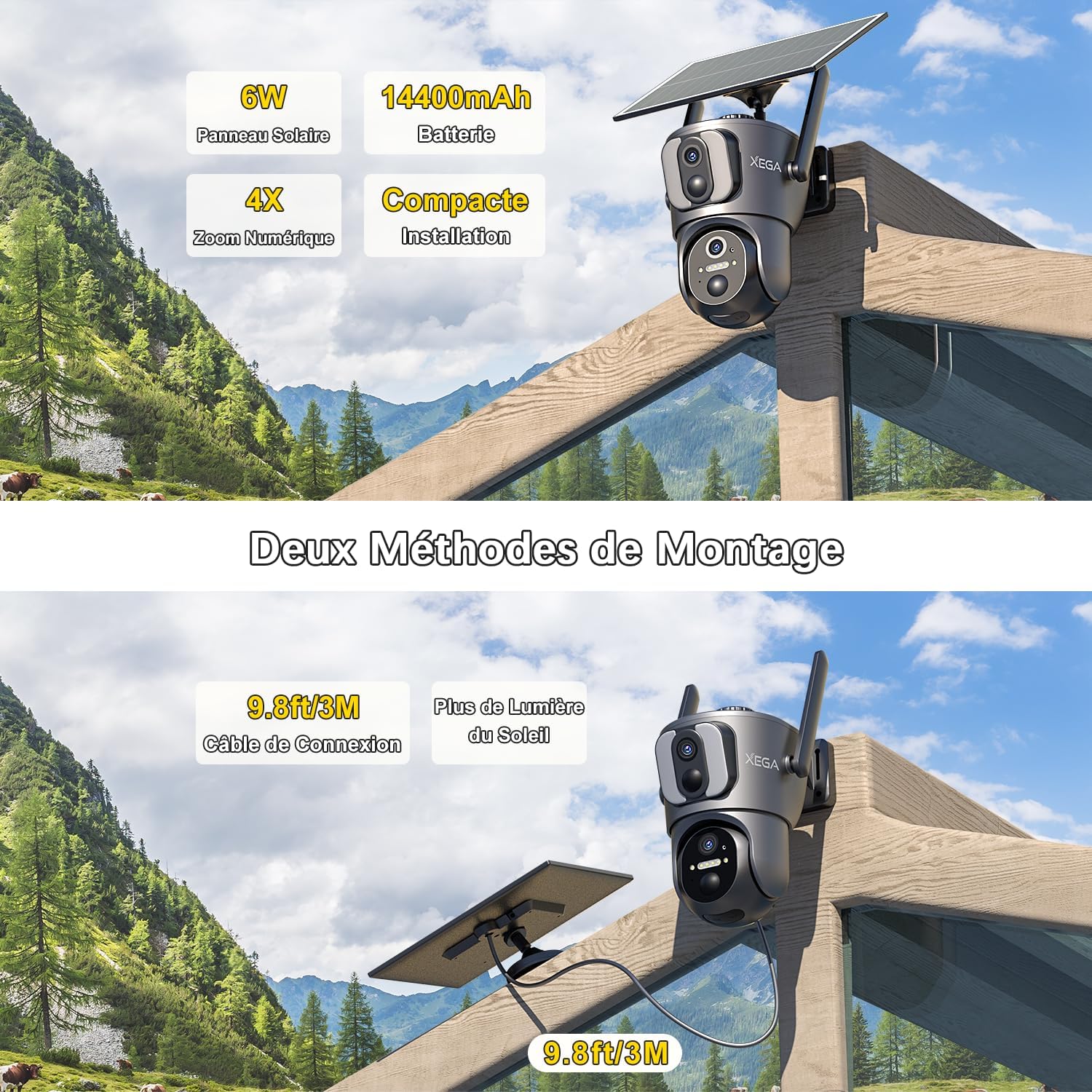 Xega 4G LTE Caméra Solaire【Double Objectif】avec Carte Sim, 14400mAh Camera Extérieure sans Fil, Détection de Personne 2K HD Inclinable 355°/100°, Autonome sur Batterie,Vision Nocturne IP66 (Non WiFi)