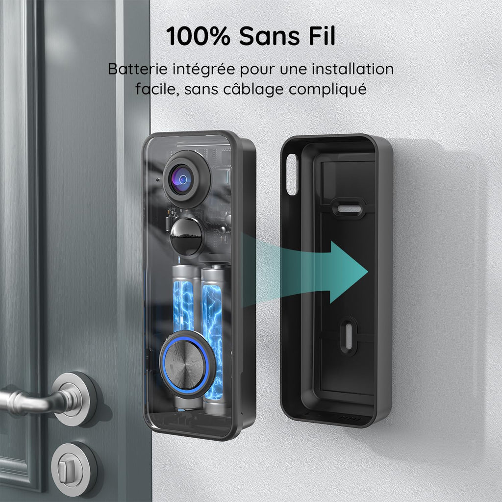 BOIFUN 2K 3MP Sonnette sans Fil Exterieur Etanche, Vision à 180°, Détection IA Avancée, Installation Facile, Vision Nocturne, Stockage par Carte SD 128 Go, IP65 étanche, Wi-FI 2,4 GHz Uniquement