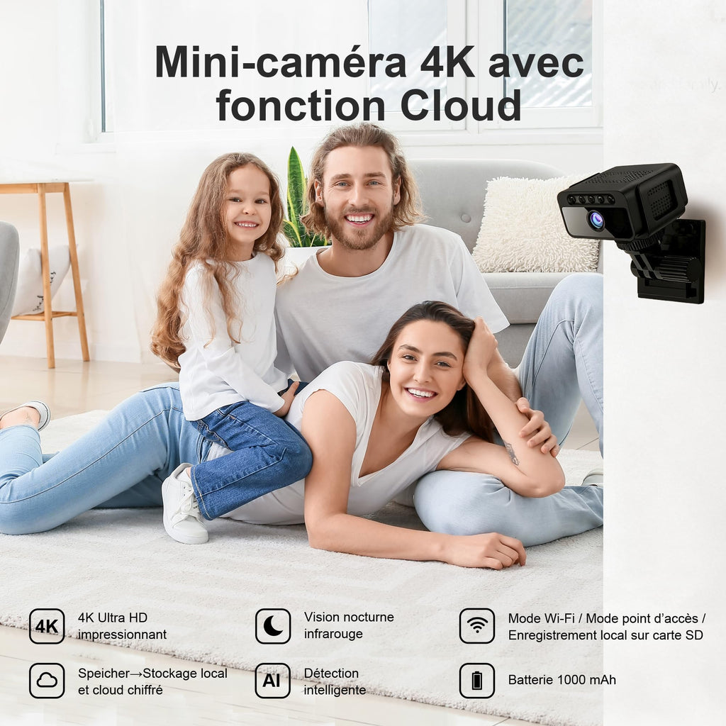 AOBOCAM Camera Espion WiFi 4K avec Cloud – Caméra de Surveillance Intérieure sans Fil, Vision Nocturne Grand Angle 150°, Détection de Mouvement AI Intelligente, Mini Caméra de Sécurité