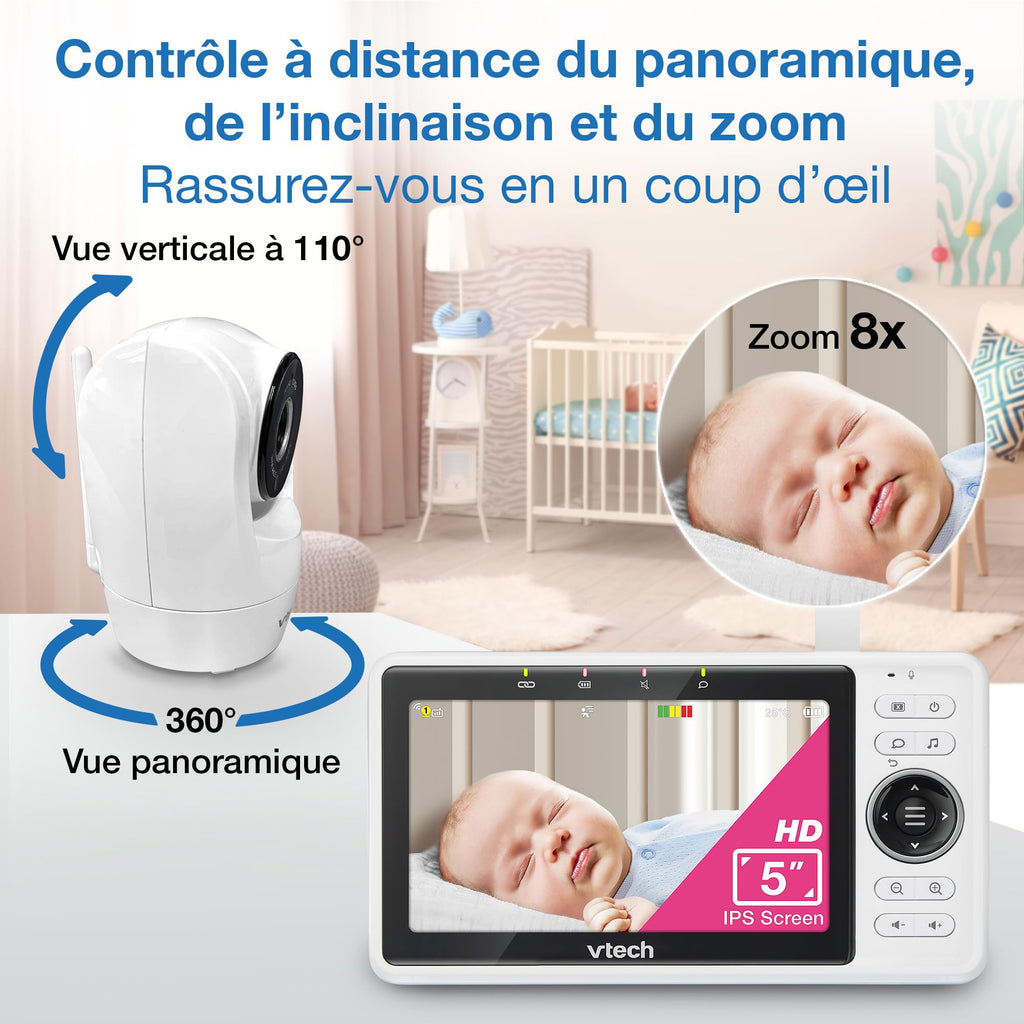VTech VM924 Baby Monitor with Camera, Pan&Tilt,Video Baby Monitor with 5" LCD Screen,Up to 17 Hrs Battery Life,1.33x Zoom,Night Vision,300m Long Range,Soothing Sounds,2-Way Talk,Secured Transmission