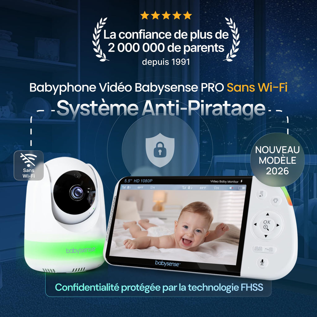 Babysense - Moniteur bébé Full HD écran partagé - Avec 2 caméras - Veilleuse en 6 couleurs - Bruit et machine à lumière - Batterie de 20 heures - Connexion sécurisée sans WiFi