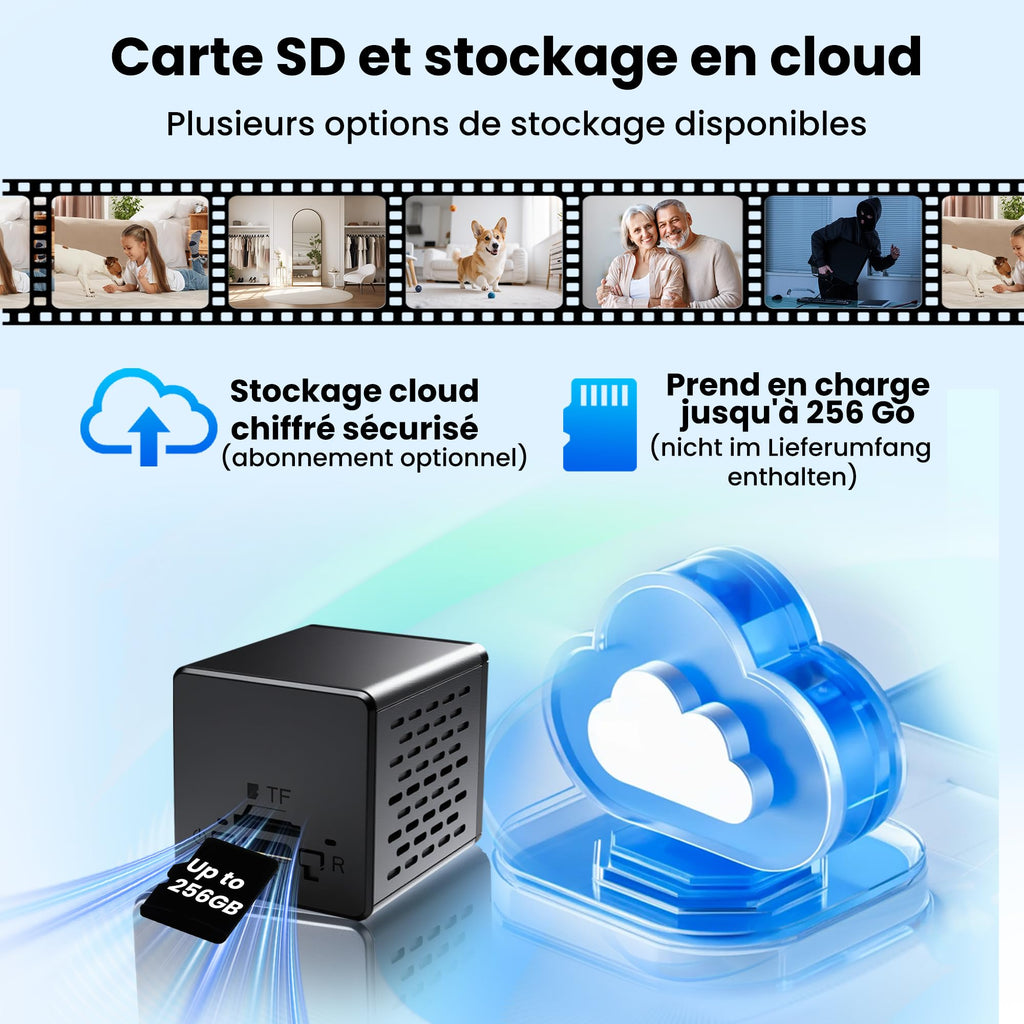 Caméra Espion Mini 4K avec Vision Nocturne et WiFi - Caméra de Sécurité Intérieure avec Détection de Mouvement - Stockage Cloud et Carte SD / Batterie Intégrée - Vidéo en Temps Réel pour Maison et Sur