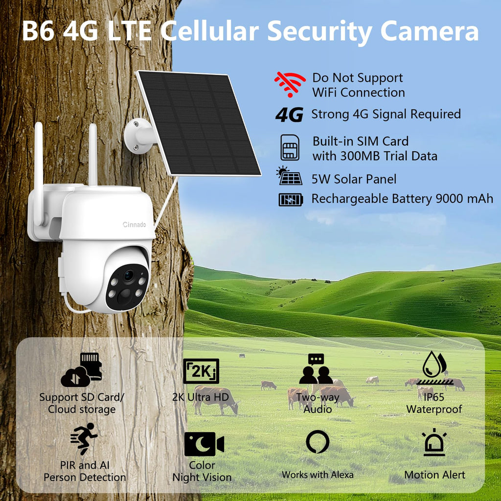 Cinnado Camera Surveillance WiFi Exterieure sans Fil - 2K Camera Exterieur sans Fil avec Panneau Solaire, 360° PTZ, Alerte Instantanée PIR, Vision Nocturne Couleur, Audio Bidirectionnel, B6 (Noire)
