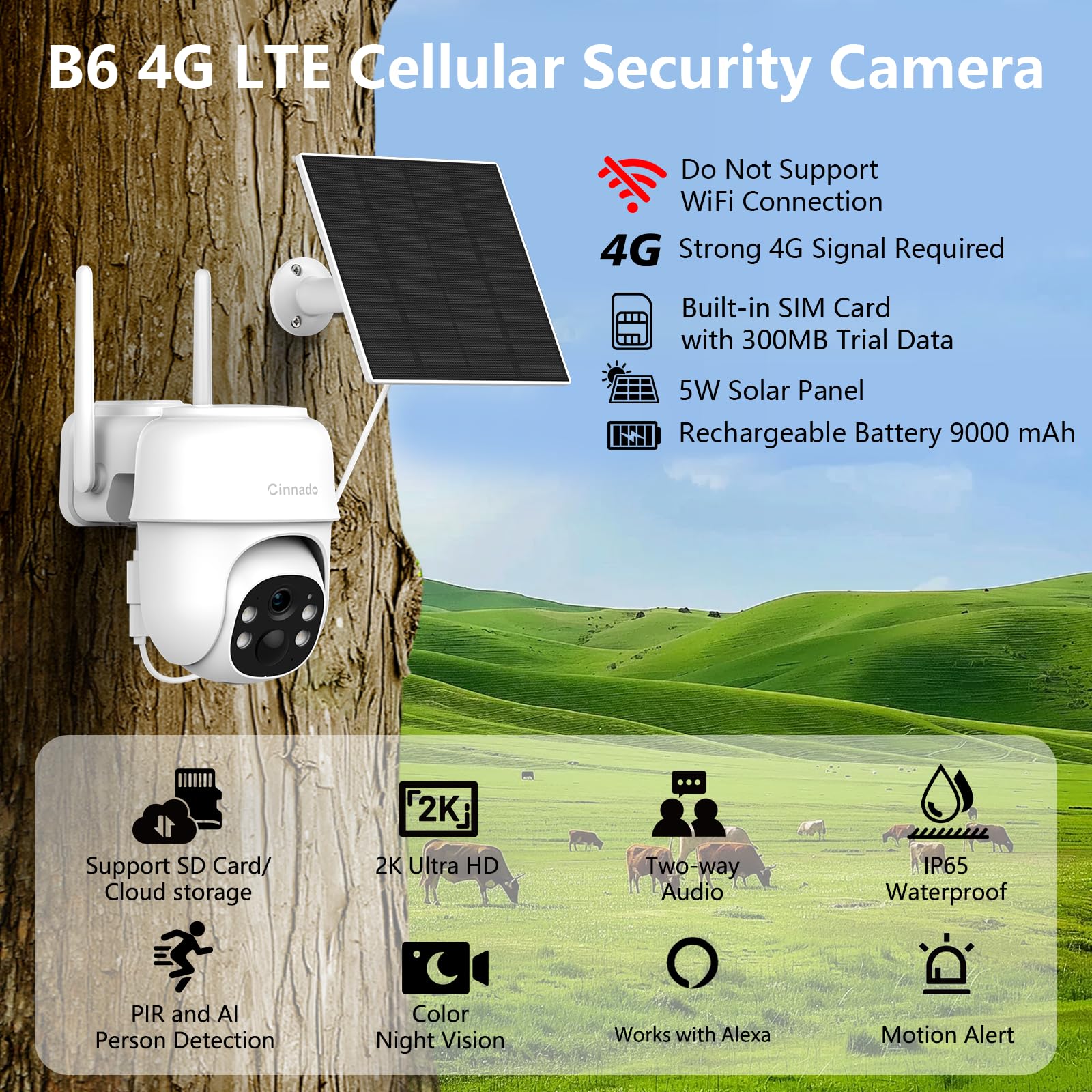 Cinnado Camera Surveillance WiFi Exterieure sans Fil - 2K Camera Exterieur sans Fil avec Panneau Solaire, 360° PTZ, Alerte Instantanée PIR, Vision Nocturne Couleur, Audio Bidirectionnel, B6 (Noire)