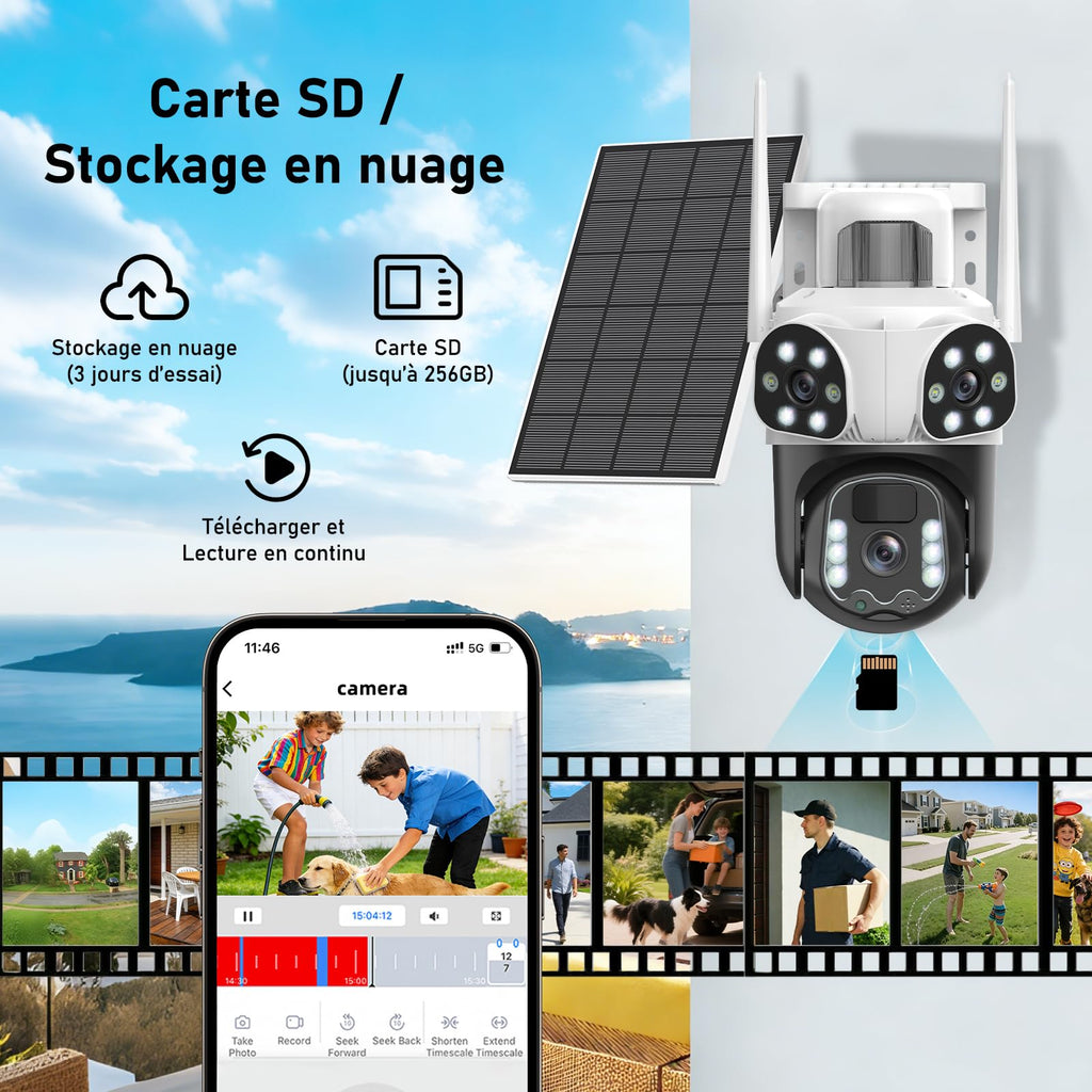 4K Camera Surveillance WiFi Exterieure sans Fil,à triple objectif/Camera Solaire/Batterie,2.4/5G WIFI,360° PTZ Sécurité à Domicile,Vision Vocturne,Alarme,Audio Bidirectionnel,Suivi Automatique,8MP HD