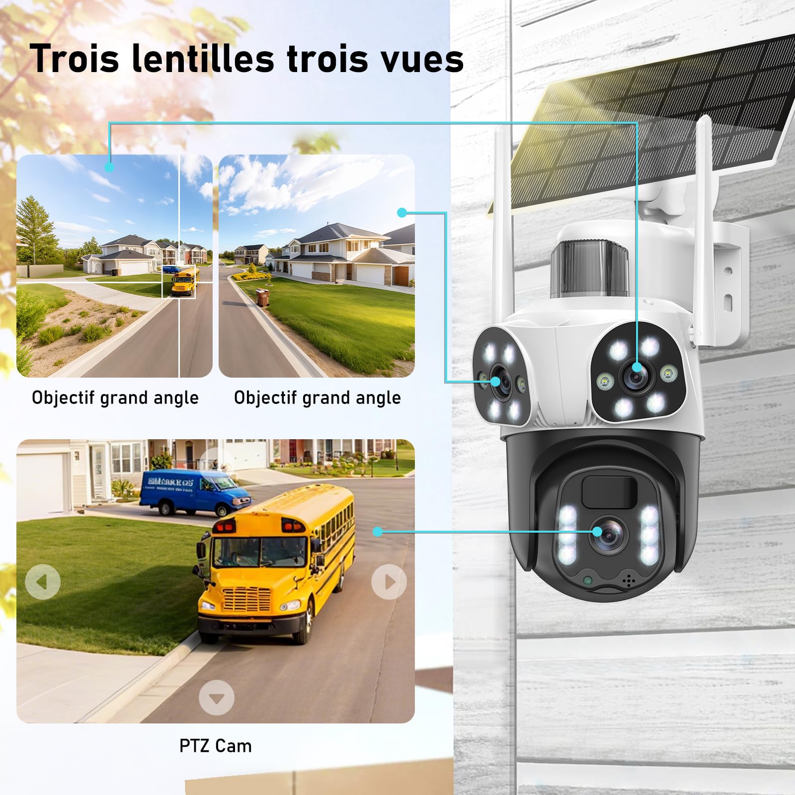 4K Camera Surveillance WiFi Exterieure sans Fil,à triple objectif/Camera Solaire/Batterie,2.4/5G WIFI,360° PTZ Sécurité à Domicile,Vision Vocturne,Alarme,Audio Bidirectionnel,Suivi Automatique,8MP HD
