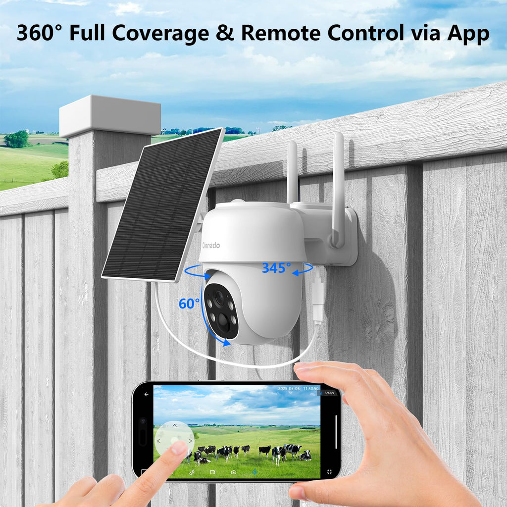 Cinnado Camera Surveillance WiFi Exterieure sans Fil - 2K Camera Exterieur sans Fil avec Panneau Solaire, 360° PTZ, Alerte Instantanée PIR, Vision Nocturne Couleur, Audio Bidirectionnel, B6 (Noire)